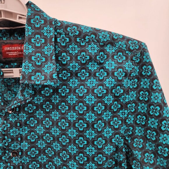 Consequence Mens Small Turquoise Black Long Sleeve Button-Up Shirt - Picture 1 of 12
